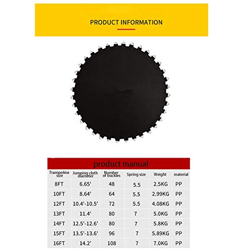 NNYCC Estera de Salto de reemplazo de trampolín de Rebote Superior, Almohadilla de Seguridad de reemplazo de trampolín Redondo, Diferentes Tipos y tamaños, 8 Puntadas, Tela PP Red,16FT