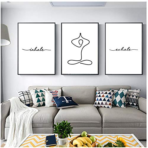 NO BRAND Pintura Moderna en Lienzo Exhale Inhale Sin Dolor Sin Ganancia Texto y Cita Poster Yoga Wall Art Prints 50x70cm (19.7"x27.6) x3   Sin Marco