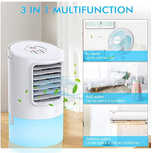 Nobebird Aire Acondicionado Portátil, Climatizador Evaporativo, 3 en 1 Mini Ventilador de Escritorio Humidificador Purificador de Aire Personal con 3 Velocidades y 7 Colores LED Luz Hogar/Oficina