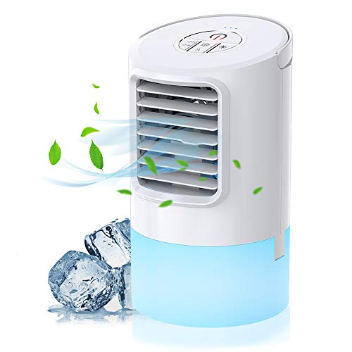 Nobebird Aire Acondicionado Portátil, Climatizador Evaporativo, 3 en 1 Mini Ventilador de Escritorio Humidificador Purificador de Aire Personal con 3 Velocidades y 7 Colores LED Luz Hogar/Oficina