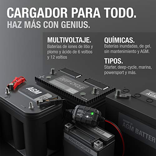NOCO GENIUS2EU, Inteligente automático de 2A, Cargador 6V y 12V, mantenedor desulfatador de batería con compensación de temperatura