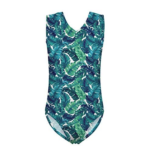 Nopersonality Maillot de ballet sin mangas para niñas tropicales hojas de palma color carne atlética gimnasia danza ropa de una pieza body azul