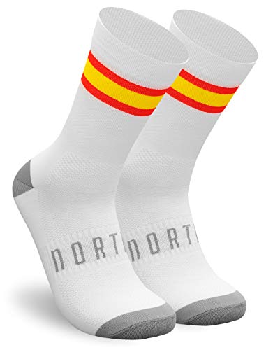 NORTEI - Calcetines Bandera España para Ciclismo, MTB y Running de Meryl para Hombre y Mujer – Spain – (M(42-42), Blanco)