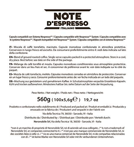 Note D'Espresso Cápsulas de Café Intenso exclusivamente compatibles con cafeteras Nespresso* - 100 Unidades de 5.6 g, Total - 560 g Note D'Espresso Cápsulas de Café Intenso exclusivamente compatibles con cafeteras Nespresso* - 100 Unidades de 5.6 g, Total - 560 g