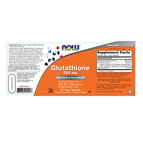 Now Foods Glutatión con extracto de cardo mariano y ácido alfa lipoico, 500 mg 60 Unidades 80 g