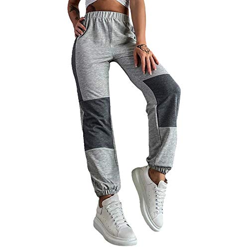 N\P Pantalones deportivos casuales para mujer, color de contraste con patchwork, elásticos, cintura alta, con vigas de pies