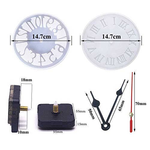 Nsiwem Movimiento de Reloj de Eje Largo de Cuarzo 2 Piezas Maquina Reloj Pared con Manecillas del Reloj con 2 pcs Molde de Silicona de Resina de Números y Arabi Romanos para Hacer Reloj DIY