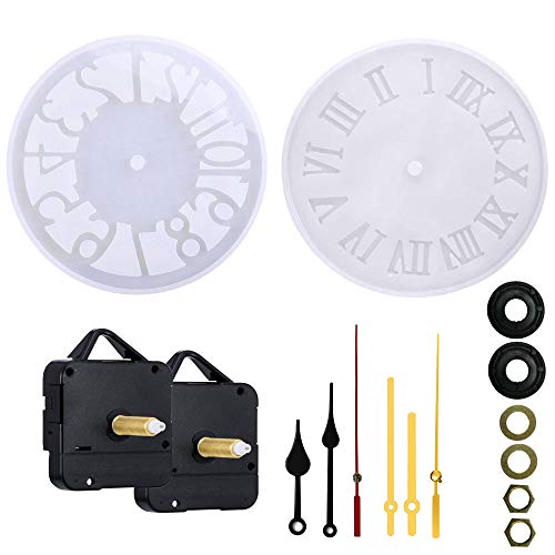 Nsiwem Movimiento de Reloj de Eje Largo de Cuarzo 2 Piezas Maquina Reloj Pared con Manecillas del Reloj con 2 pcs Molde de Silicona de Resina de Números y Arabi Romanos para Hacer Reloj DIY