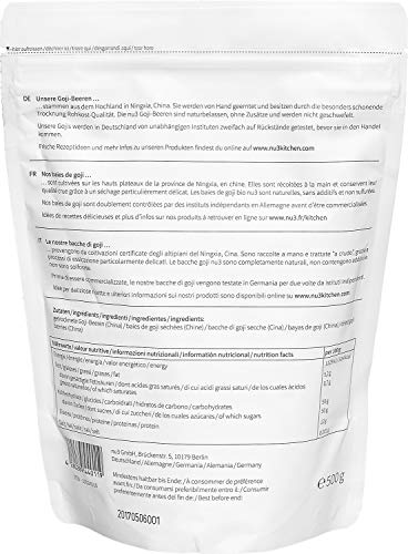 nu3 Bayas de Goji Premium - 500g Superalimento de moda - Secadas naturalmente sin sulfato - Ideal para el desayuno - Ayuda a fortalecer el sistema inmunológico - Contiene vitaminas y minerales nu3 Bayas de Goji Premium - 500g Superalimento de moda - Secadas naturalmente sin sulfato - Ideal para el desayuno - Ayuda a fortalecer el sistema inmunológico - Contiene vitaminas y minerales