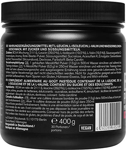 nu3 BCAA en polvo - 400 g sabor sandía - 40 porciones de aminoácidos ramificados - Proporción óptima de leucina, isoleucina y valina en 2:1:1 - Suplemento deportivo - Nutrición deportiva vegana
