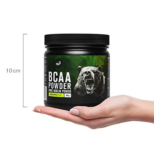 nu3 BCAA en polvo - 400g de aminoácidos ramificados con sabor manzana - Proporción óptima de leucina, isoleucina y valina 2:1:1 - Suplemento deportivos para musculación - Nutrición deportiva vegana