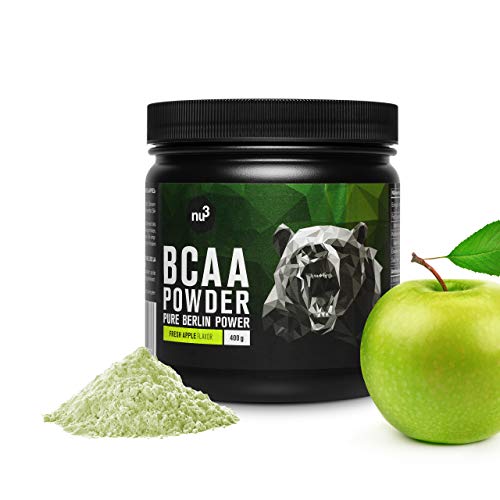 nu3 BCAA en polvo - 400g de aminoácidos ramificados con sabor manzana - Proporción óptima de leucina, isoleucina y valina 2:1:1 - Suplemento deportivos para musculación - Nutrición deportiva vegana