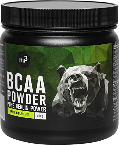 nu3 BCAA en polvo - 400g de aminoácidos ramificados con sabor manzana - Proporción óptima de leucina, isoleucina y valina 2:1:1 - Suplemento deportivos para musculación - Nutrición deportiva vegana