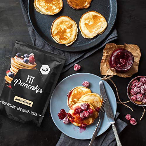 nu3 Fit Pancakes – Tortitas ricas en proteínas (28%) y bajas en grasa (7,3%) – 240g de mezcla para hornear 240g – Pancakes sin gluten a base de harina de almendras y arroz - Desayuno sano y rápido
