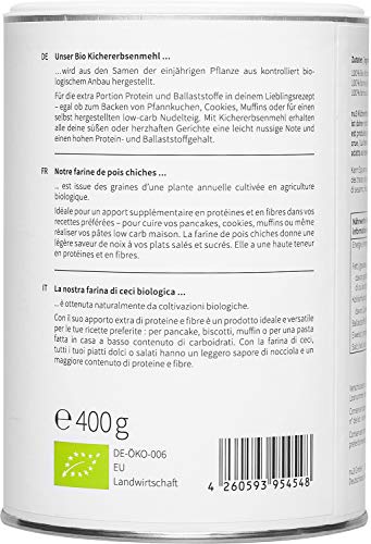 nu3 Harina de Garbanzo Orgánica – 400 gramos – 100% ecológica & libre de gluten – Rica fuente de proteínas y fibra vegetal – Alternativa con menos carbohidratos que el almidón o la fécula molida