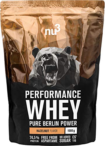 nu3 Performance Protein Whey - 1kg de proteína de suero en polvo sabor avellana - 74.5% contenido proteico (isolate) + aminoácidos BCAA | Batido para ganar masa muscular | Altamente soluble