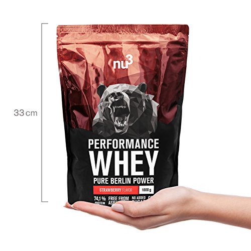 nu3 Performance Whey Protein - 1 kg de suero en polvo sabor fresa con 74.1% de proteína - Con aminoácidos BCAAs + proteína aislada isolate - Batido proteico para ganar masa - Altamente soluble