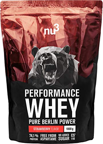 nu3 Performance Whey Protein - 1 kg de suero en polvo sabor fresa con 74.1% de proteína - Con aminoácidos BCAAs + proteína aislada isolate - Batido proteico para ganar masa - Altamente soluble