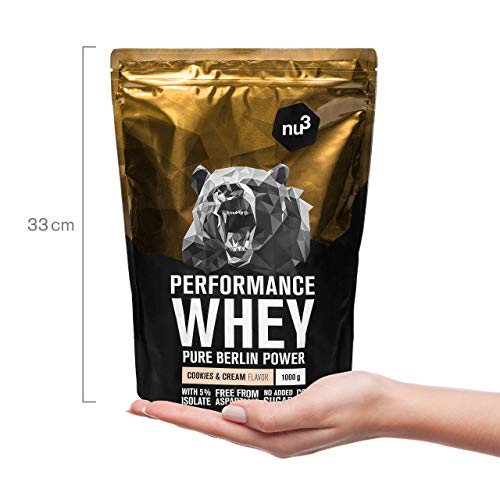 nu3 Performance Whey Protein Cookies & Cream - 1kg de proteina de suero en polvo - Con 74.3% de proteína whey - Con aminoácidos BCAAs + proteína aislada (isolate) - Batido proteico altamente soluble