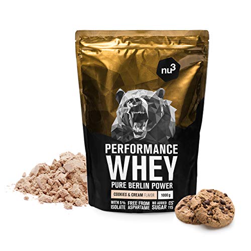 nu3 Performance Whey Protein Cookies & Cream - 1kg de proteina de suero en polvo - Con 74.3% de proteína whey - Con aminoácidos BCAAs + proteína aislada (isolate) - Batido proteico altamente soluble