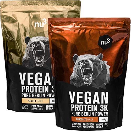 nu3 Proteína Vegana 3K – 1kg vainilla + 1kg chocolate – min. 70% de proteína a base de 3 componentes vegetales – Proteínas para el crecimiento de la masa muscular con delicioso sabor vainilla y cacao