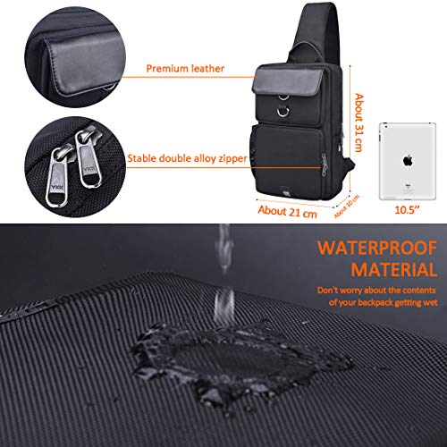 NUBILY Bolso Bandolera Impermeable Bolsos Mochila con USB y Orificio para Auriculares para Hombre y Mujere Negro Bolso Pecho Deportes Trabajo Casual Viajes Senderismo