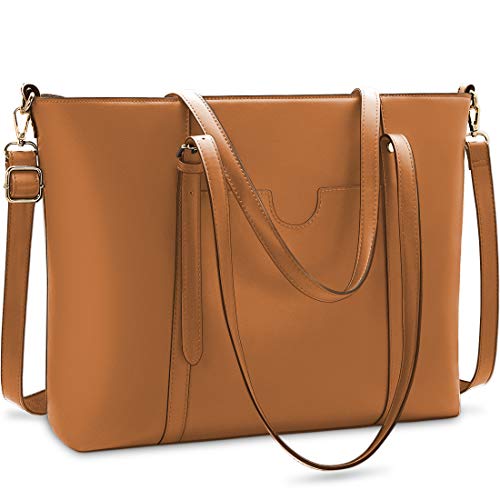 NUBILY Bolsos Universidad Mujer Grande para Ordenador Portátil 15.6 Pulgadas Impermeable Bolso Shopper PU Piel Bolsos de Mujer Bandolera Bolsa Tote Cuero Marrón