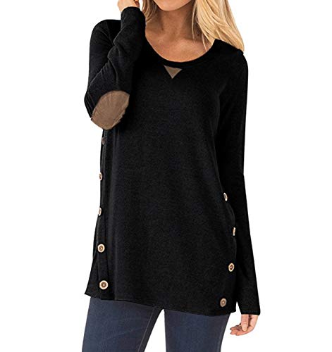 Nuevo OtoñO E Invierno Cuello Redondo Manga Larga BotóN Parche DecoracióN Camiseta Mujer Top