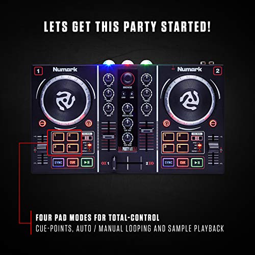 Numark Party Mix - Controlador de DJ plug-and-play de 2 canales para Serato DJ Lite con tarjeta de sonido incorporada, controles de pad, crossfader, jogwheels, salida auriculares y luces de fiesta