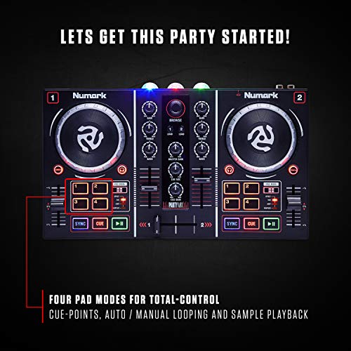 Numark Party Mix - Controlador de DJ plug-and-play de 2 canales para Serato DJ Lite con tarjeta de sonido incorporada, controles de pad, crossfader, jogwheels, salida auriculares y luces de fiesta Numark Party Mix - Controlador de DJ plug-and-play de 2 canales para Serato DJ Lite con tarjeta de sonido incorporada, controles de pad, crossfader, jogwheels, salida auriculares y luces de fiesta
