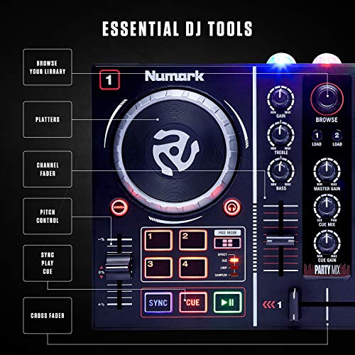 Numark Party Mix - Controlador de DJ plug-and-play de 2 canales para Serato DJ Lite con tarjeta de sonido incorporada, controles de pad, crossfader, jogwheels, salida auriculares y luces de fiesta