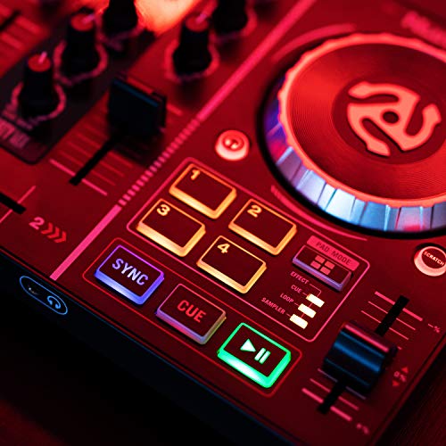 Numark Party Mix - Controlador de DJ plug-and-play de 2 canales para Serato DJ Lite con tarjeta de sonido incorporada, controles de pad, crossfader, jogwheels, salida auriculares y luces de fiesta