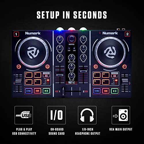 Numark Party Mix - Controlador de DJ plug-and-play de 2 canales para Serato DJ Lite con tarjeta de sonido incorporada, controles de pad, crossfader, jogwheels, salida auriculares y luces de fiesta