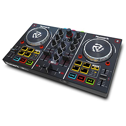 Numark Party Mix - Controlador de DJ plug-and-play de 2 canales para Serato DJ Lite con tarjeta de sonido incorporada, controles de pad, crossfader, jogwheels, salida auriculares y luces de fiesta