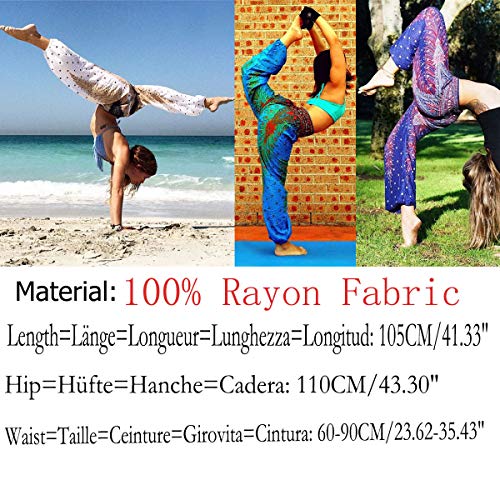 Nuofengkudu Mujer Algodón Thai Pantalones Hippies Cintura Alta con Bolsillo Boho Estampados Baggy Comodo Harem Pantalón Indios Yoga Pants Verano Playa(Rose Agua,Talla única)