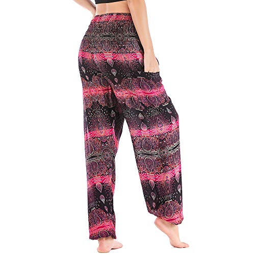 Nuofengkudu Mujer Algodón Thai Pantalones Hippies Cintura Alta con Bolsillo Boho Estampados Baggy Comodo Harem Pantalón Indios Yoga Pants Verano Playa(Rose Agua,Talla única)