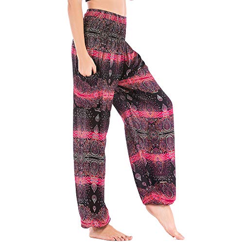 Nuofengkudu Mujer Algodón Thai Pantalones Hippies Cintura Alta con Bolsillo Boho Estampados Baggy Comodo Harem Pantalón Indios Yoga Pants Verano Playa(Rose Agua,Talla única)