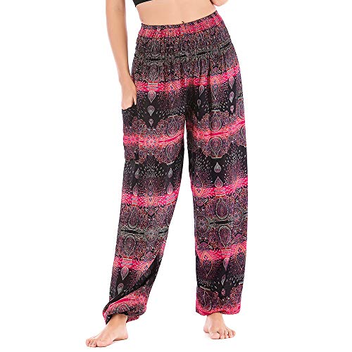 Nuofengkudu Mujer Algodón Thai Pantalones Hippies Cintura Alta con Bolsillo Boho Estampados Baggy Comodo Harem Pantalón Indios Yoga Pants Verano Playa(Rose Agua,Talla única)