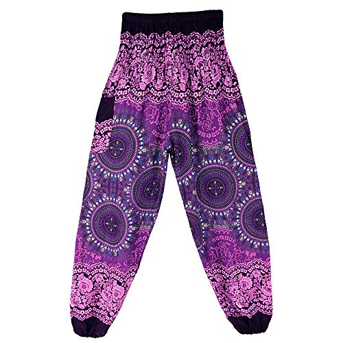 Nuofengkudu Mujer Hippie Algodón Tailandeses Pantalon Harem Cintura Alta Boho Vintage Patrones Indio Baggy Fisherman Yoga Pants Pijama Verano Playa(Morado Brújula,Talla única)