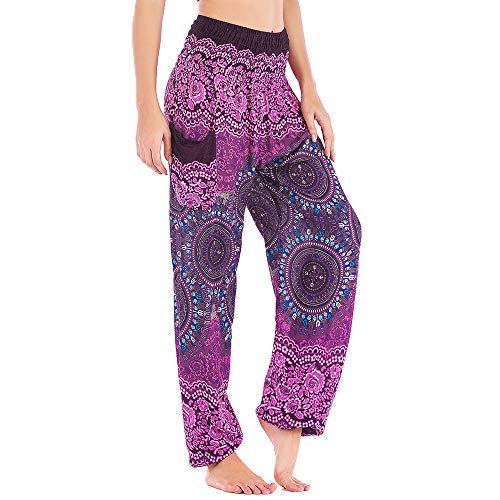 Nuofengkudu Mujer Hippie Algodón Tailandeses Pantalon Harem Cintura Alta Boho Vintage Patrones Indio Baggy Fisherman Yoga Pants Pijama Verano Playa(Morado Brújula,Talla única)