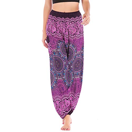 Nuofengkudu Mujer Hippie Algodón Tailandeses Pantalon Harem Cintura Alta Boho Vintage Patrones Indio Baggy Fisherman Yoga Pants Pijama Verano Playa(Morado Brújula,Talla única)