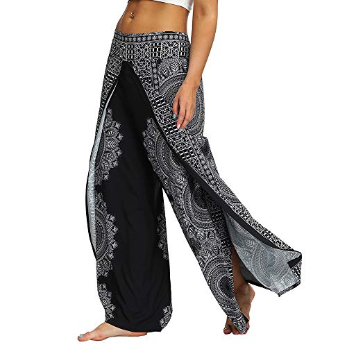 Nuofengkudu Mujer Hippie Largo Pantalones Dividir Pata Ancha Flores Estampados Sueltos Elegantes Comodos Thai Yoga Pants Verano Playa Vacaciones(Negro Floral A,S/M)