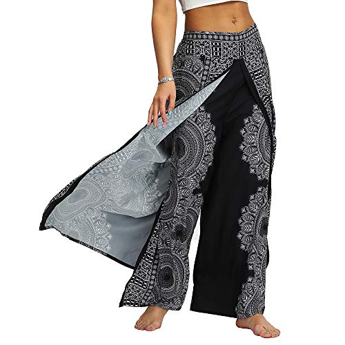 Nuofengkudu Mujer Hippie Largo Pantalones Dividir Pata Ancha Flores Estampados Sueltos Elegantes Comodos Thai Yoga Pants Verano Playa Vacaciones(Negro Floral A,S/M)