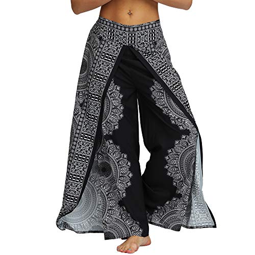 Nuofengkudu Mujer Hippie Largo Pantalones Dividir Pata Ancha Flores Estampados Sueltos Elegantes Comodos Thai Yoga Pants Verano Playa Vacaciones(Negro Floral A,S/M)
