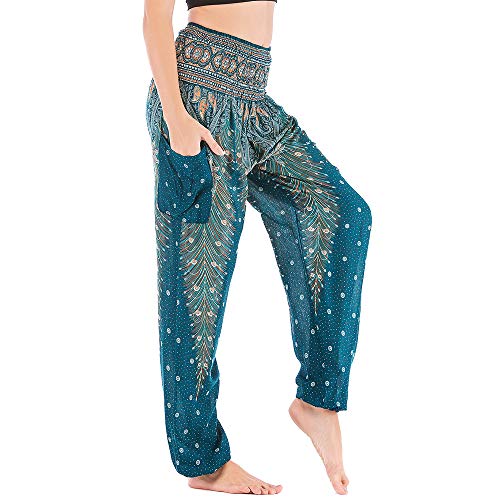 Nuofengkudu Mujer Hippie Thai Algodón Harem Pantalones con Bolsillo Boho Estampados Sueltos Pantalón Cintura Alta Indios Yoga Pants Pijama Verano Playa(Verde Pavo,Talla única)