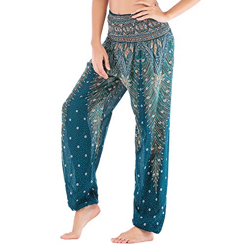 Nuofengkudu Mujer Hippie Thai Algodón Harem Pantalones con Bolsillo Boho Estampados Sueltos Pantalón Cintura Alta Indios Yoga Pants Pijama Verano Playa(Verde Pavo,Talla única)