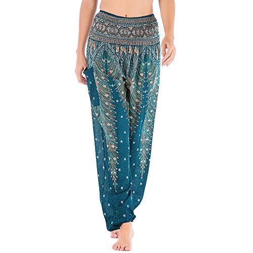 Nuofengkudu Mujer Hippie Thai Algodón Harem Pantalones con Bolsillo Boho Estampados Sueltos Pantalón Cintura Alta Indios Yoga Pants Pijama Verano Playa(Verde Pavo,Talla única)