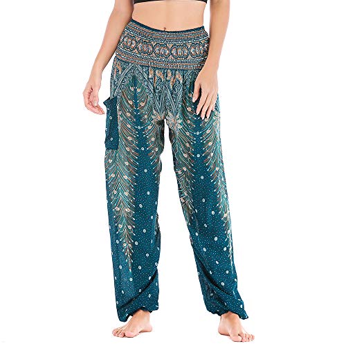 Nuofengkudu Mujer Hippie Thai Algodón Harem Pantalones con Bolsillo Boho Estampados Sueltos Pantalón Cintura Alta Indios Yoga Pants Pijama Verano Playa(Verde Pavo,Talla única)