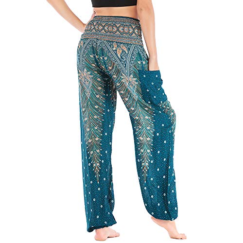 Nuofengkudu Mujer Hippie Thai Algodón Harem Pantalones con Bolsillo Boho Estampados Sueltos Pantalón Cintura Alta Indios Yoga Pants Pijama Verano Playa(Verde Pavo,Talla única)