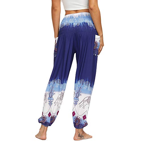 Nuofengkudu Mujer Hippies Yoga Pantalones Harem Baggy Tailandeses Boho Estampados Bolsillos Cintura Alta Baggy Pilates Pants Verano Playa Fiesta(X-Blanco Elefante,Talla única)